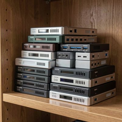 a cluster of mini pcs stacked on a wooden shelf