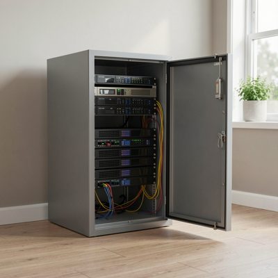 a home network cabinet with the door swung open