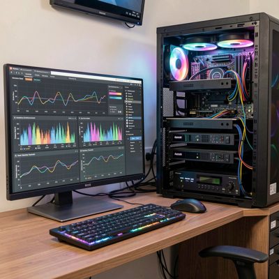 a monitor showing dashboards next to a home lab rack