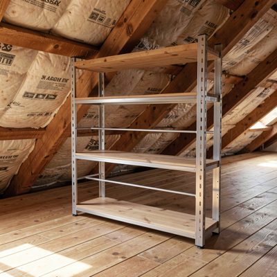 a rack in a loft with roof insulation behind it