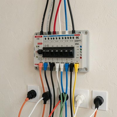 a home patch panel with cables running out to wall points