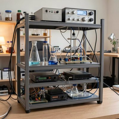 a home lab rack photographed from the rear