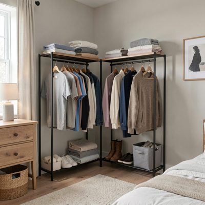 a 9u rack in the corner of a spare bedroom