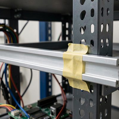 a raspberry pi taped to a rack rail in a homelab