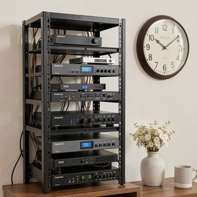 a home network rack with a wall clock beside it