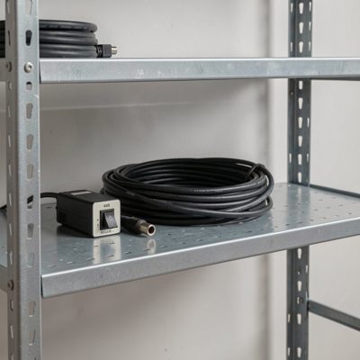 a rack shelf with a small switch and a coil of spare cable