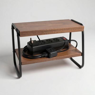 a small rack with a power strip and surge protector