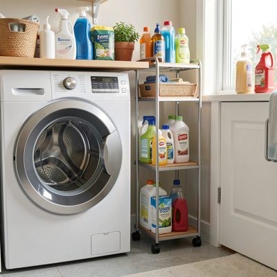 a compact rack beside a washing machine in a utility room