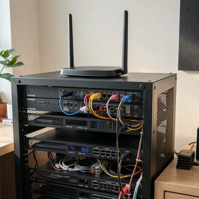 a homelab rack with a wifi access point sitting on top