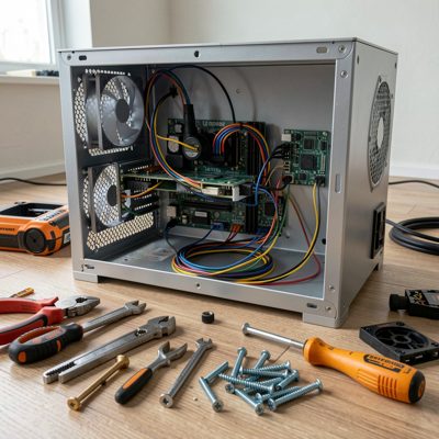 a homelab build in progress with tools and screws on the floor