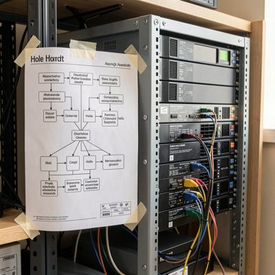 a printed network diagram taped beside a home rack