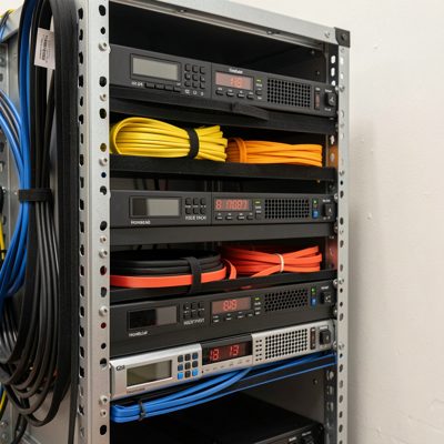 a homelab rack tidied with velcro cable ties