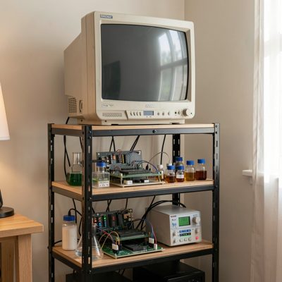 a home lab rack with an old monitor balanced on top