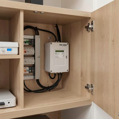a home network cupboard with the fibre termination box fitted