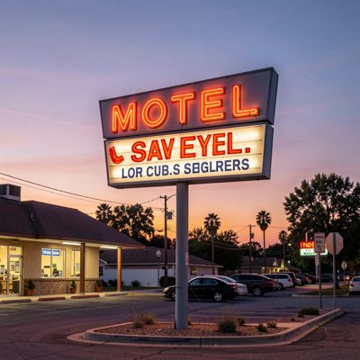 a motel sign lit against a dusk sky