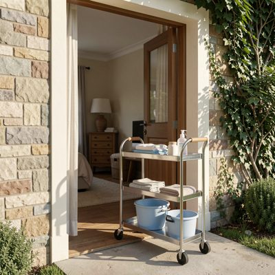 a housekeeping trolley outside an open room