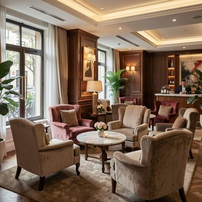 a boutique hotel lounge with armchairs