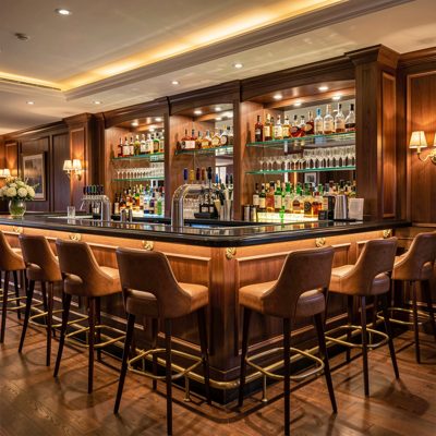 a hotel bar with stools and a lit back bar