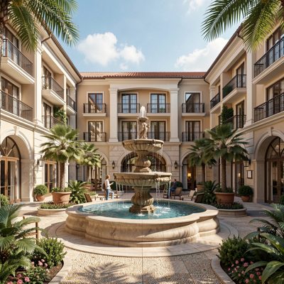 a hotel courtyard with a fountain