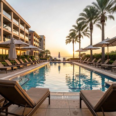 a hotel pool with loungers at first light
