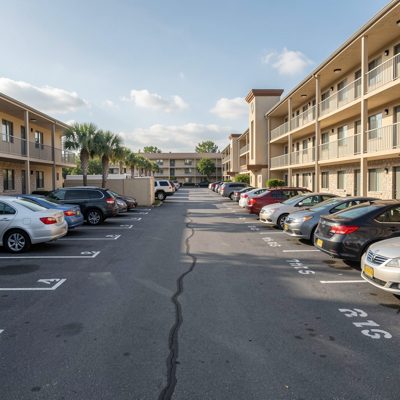 a motel car park with numbered bays