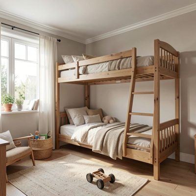 a family room with a bunk bed in the corner