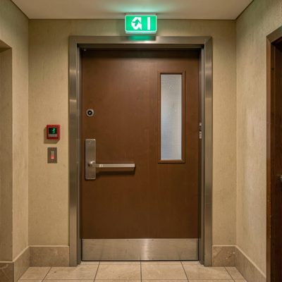 a hotel fire door with a green exit sign