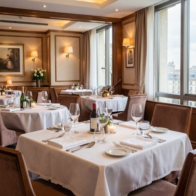 a hotel restaurant laid for dinner service