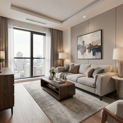 a suite with a seating area and coffee table