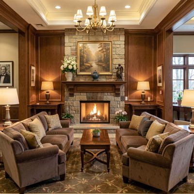 a hotel lobby with a fireplace and sofas