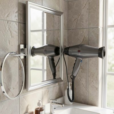 a bathroom mirror with a hairdryer on a hook