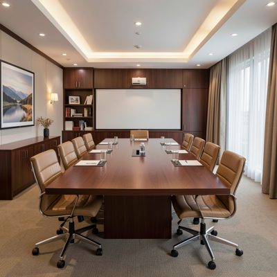 a hotel meeting room set in a boardroom layout