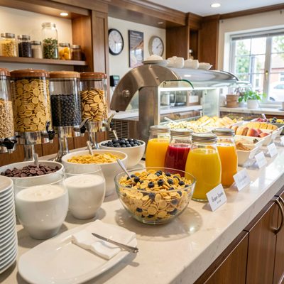 a breakfast buffet with cereals and juices