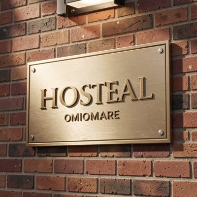 a hotel name sign mounted on a brick wall