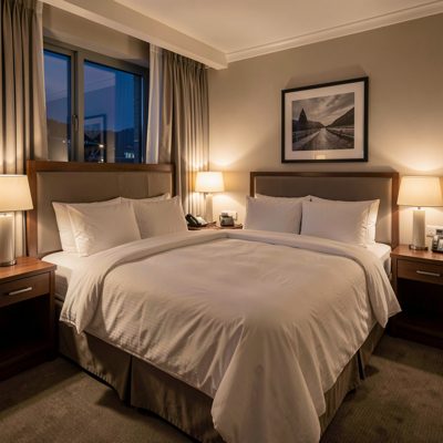 a hotel bedroom with the bed turned down at night