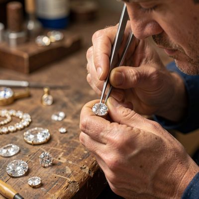 a jeweller setting a stone with tweezers