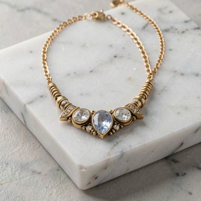 a necklace displayed on a marble slab