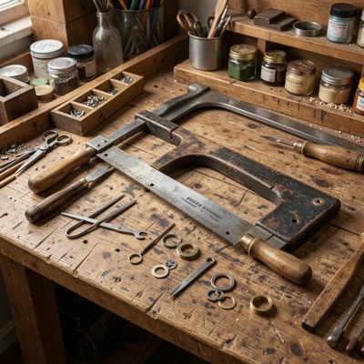 a bench with jeweller's tools and a saw frame