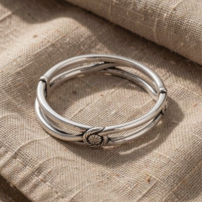 a silver bracelet coiled on linen