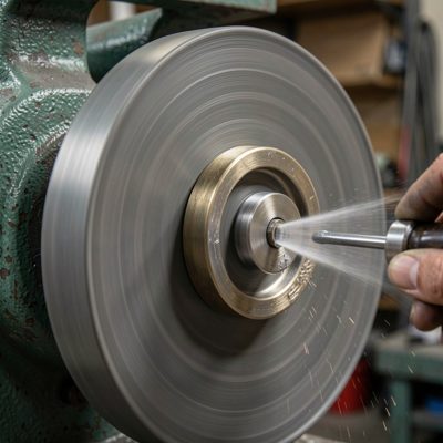 a ring being polished on a buffing wheel