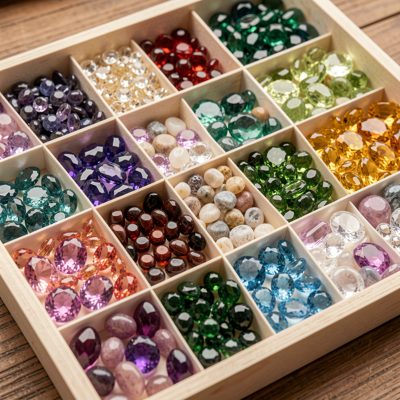 a tray of loose gemstones sorted by colour
