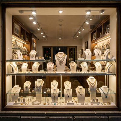 a jewellery shop window at night