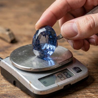 a gemstone being weighed on a small scale