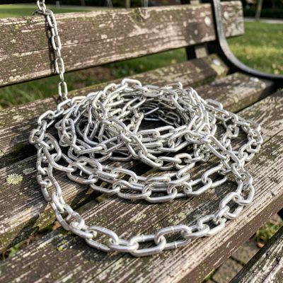 a silver chain in a tangle on a bench