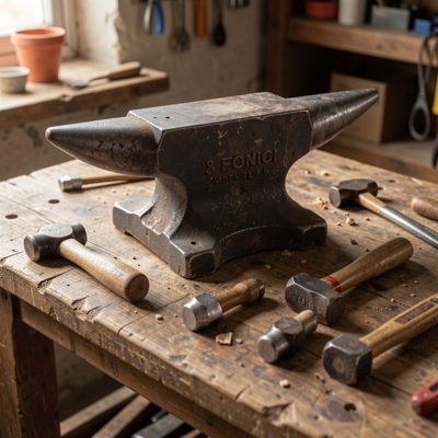 an anvil and small hammers on a bench