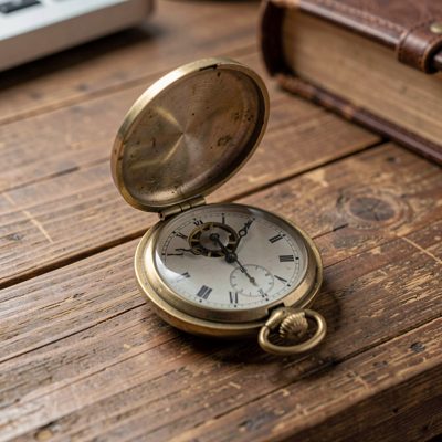 a pocket watch open on a wooden desk