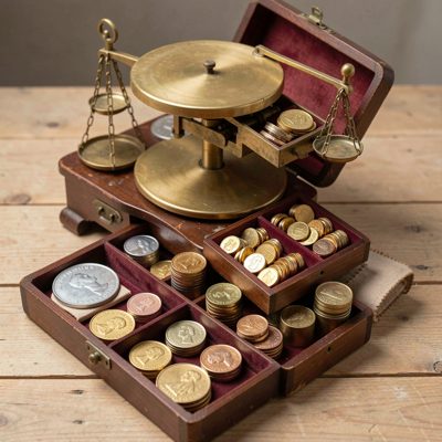 a set of scales with weights for precious metal