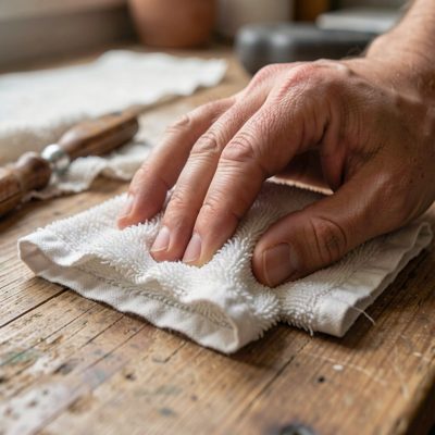 a hand polishing a piece with a soft cloth