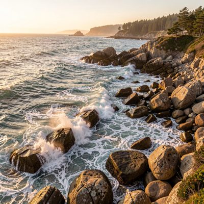 a rocky coastline with waves breaking at golden hour