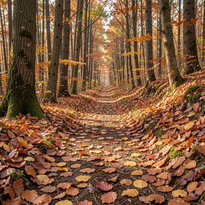 a forest path covered in autumn leaves